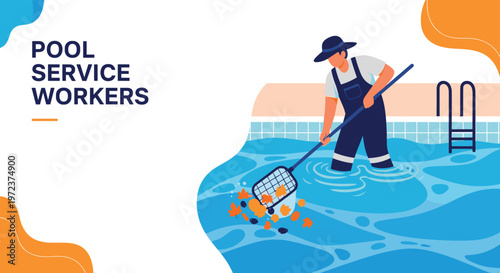 Professional pool service worker using a skimmer net to clean autumn leaves from a blue swimming pool with stairs and tile detail.