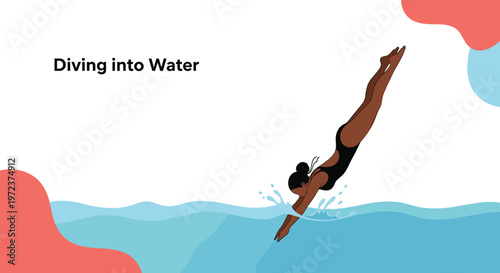 Female swimmer in a black swimsuit diving gracefully into the blue water with splashes for sports and athletic competition concept.