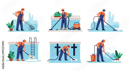 Set of pool service workers performing maintenance tasks like vacuuming, skimming, and scrubbing a swimming pool in various poses.
