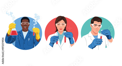 Group of diverse scientists and lab technicians in protective gear holding test tubes and laboratory flasks for chemistry research.