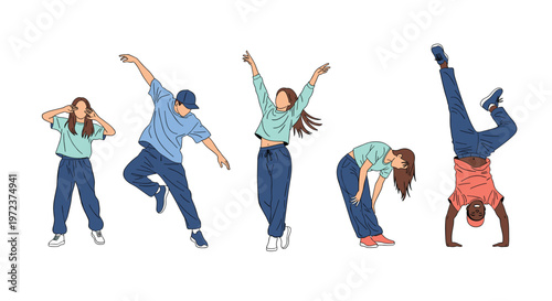 Group of young diverse dancers performing hip hop and breakdance moves in casual clothing for street dance and culture concept.
