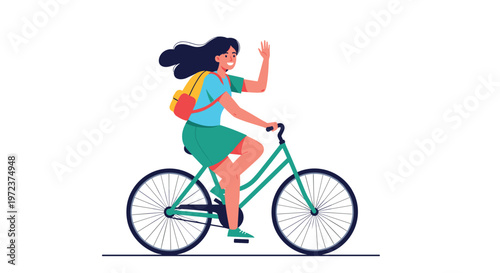 Happy girl riding a green bicycle and waving while wearing a blue shirt and green skirt with a yellow backpack for school commute.