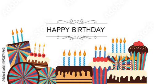 Collection of colorful birthday cakes and cupcakes decorated with stripes, swirls, and lit candles against a white celebratory background.