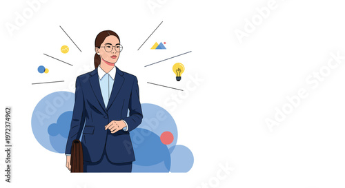 Professional businesswoman in a blue suit and glasses standing confidently with lightbulb and abstract chart icons for idea concept.