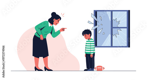 Angry mother scolding her son for breaking a window with a football while the child looks down sadly for family discipline concept.
