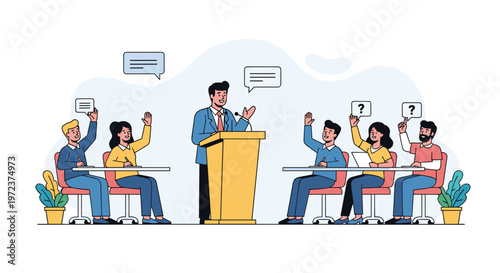 Speaker standing at a podium addressing a group of students in a classroom where people are raising their hands with questions.