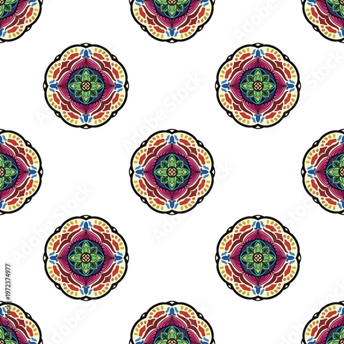 Seamless mandala vector pattern with decorative and symmetrical textile texture.
Fully editable and scalable vector design suitable for fashion fabric, clothing, sweaters, scarves, blankets, home deco
