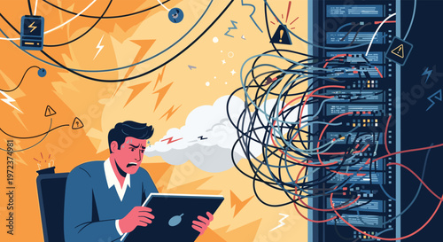 Frustrated IT professional looking at a laptop while surrounded by a chaotic mess of electrical wires and server racks for technical issues.