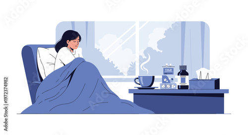 Sick young woman wrapped in a blue blanket resting in a chair with hot tea and cold medicine on a table for health recovery concept.