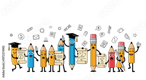 Diverse group of cute cartoon pencil characters with expressive faces wearing graduation caps and holding scrolls for educational concept.