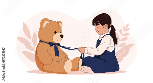 Young girl in a blue dress carefully tying a navy blue ribbon around the neck of her large brown teddy bear toy.