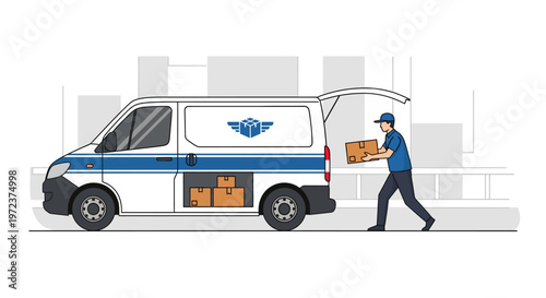 Delivery Van Unloading Packages to a Customer Near a Building