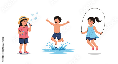 Group of happy children enjoying various outdoor summer activities including blowing bubbles, jumping in a puddle, and skipping rope.