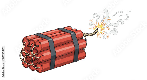 Dangerous bundle of red dynamite sticks with a lit burning fuse and smoke sparks isolated on a clean white background.