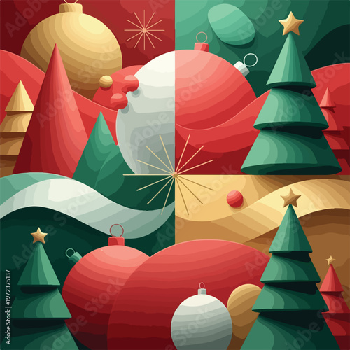 Colorful Christmas Trees And Ornaments.