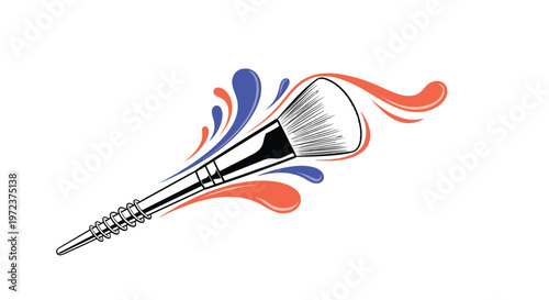 Artistic makeup brush with vibrant blue and orange paint splashes representing creativity, beauty, and professional cosmetics.
