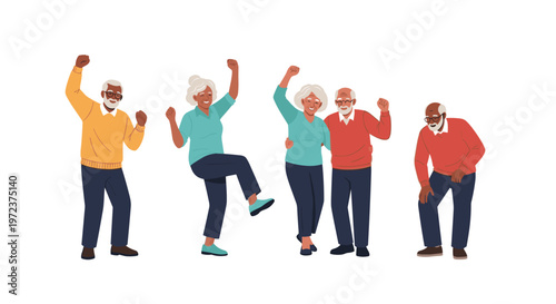 Happy and active senior people celebrating together while dancing and expressing joy through energetic movements on a white background.