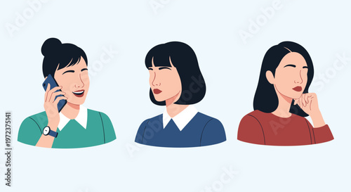 Three portraits of young women with different expressions and hairstyles including one talking on a smartphone and one in deep thought.