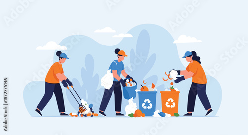 Group of eco conscious volunteers diligently sorting household waste into colorful recycling bins to protect the environment and nature.