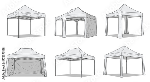 Collection of various professional pop up canopy tent designs from different angles for events, markets, festivals, and outdoor promotions.