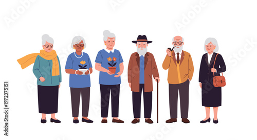 Group of diverse senior citizens standing together with different personalities, hobbies, and styles like gardening and business attire.