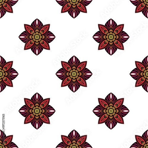 Seamless mandala vector pattern with decorative and symmetrical textile texture.
Fully editable and scalable vector design suitable for fashion fabric, clothing, sweaters, scarves, blankets, home deco