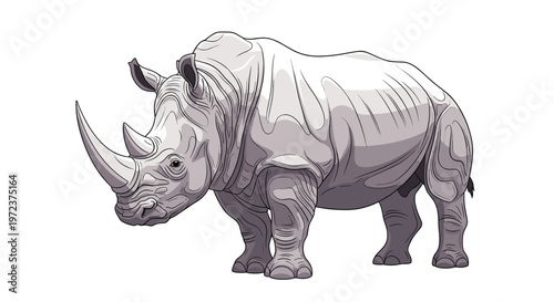 Detailed and realistic illustration of a powerful rhinoceros standing on a white background showing its distinctive horns and skin texture.