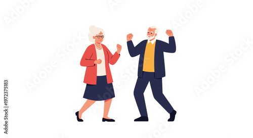 Happy elderly couple enjoying their retirement while dancing together with great joy and affection on a clean white background.