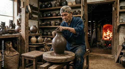 A traditional Okinawan pottery master throwing a large tall-necked vessel on a kick wheel, the clay walls rising with extraordinary thinness between his hands, the rich