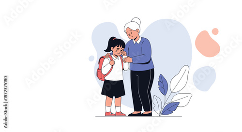Compassionate grandmother comforting her young granddaughter who is crying after school while wearing a backpack on a white background.