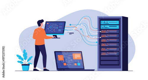 Professional IT technician monitoring and managing computer servers and data center infrastructure using a desktop and laptop workstation.