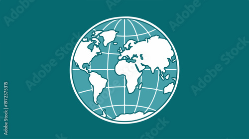 World map illustration on a teal background, global concept.