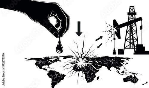Hand dropping oil drop on cracked world map near oil pump symbolizing global energy crisis disaster.