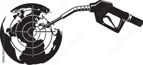Fuel nozzle aiming at planet Earth globe with crosshairs representing target and global impact.