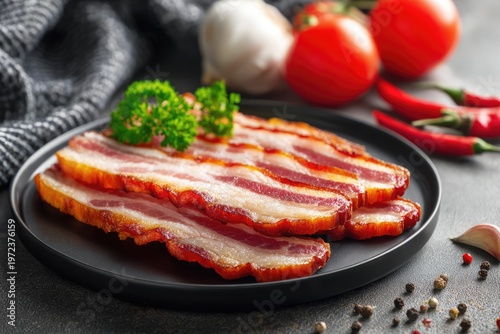 Raw Bacon Strips on a Plate with Garnishes.
