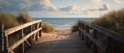 Wooden boardwalk leading to a sandy beach and the ocean under a cloudy sky.
