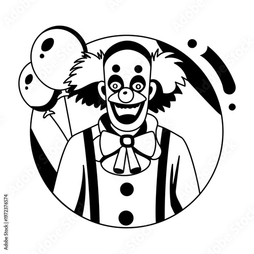 A glyph illustration of a scary clown holding balloons