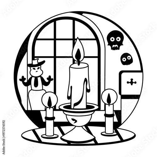 A glyph illustration of spooky candles with skull mascots around