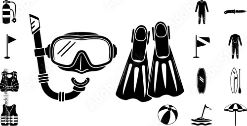 Scuba diving equipment and summer vacation water sports gear icon set featuring simple black silhouettes of a snorkel mask and swim fins – Black and White Vector Illustration