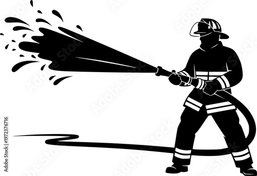 Fire department rescue and emergency first responder service icon featuring a simple black silhouette of a firefighter directing a water hose – Black and White Vector Illustration