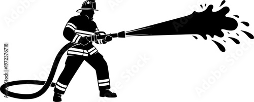 Fire department rescue and emergency first responder service icon featuring a simple black silhouette of a firefighter directing a water hose – Black and White Vector Illustration