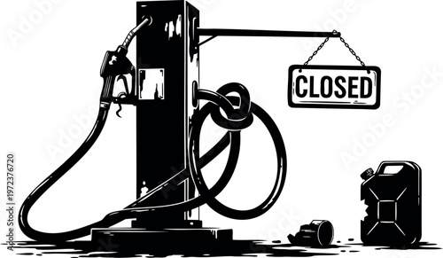 Rusty gas station pump with tangled hose and closed sign near spilled fuel and broken canister.