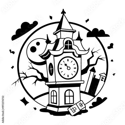 A glyph illustration of haunted clock tower