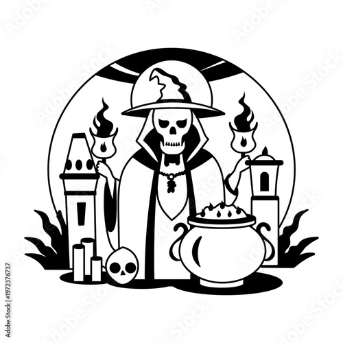 A skull character holding fire chalices in his hands, a glyph style illustration