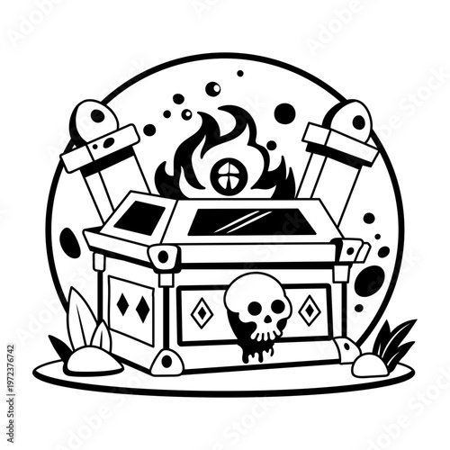 A glyph illustration of spooky chest with skull and fire