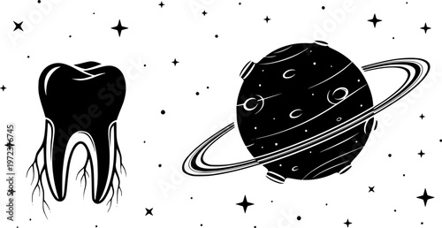 Cosmic dental healthcare and creative dentistry concept icon featuring a simple black silhouette of a tooth orbiting a planet – Black and White Vector Illustration
