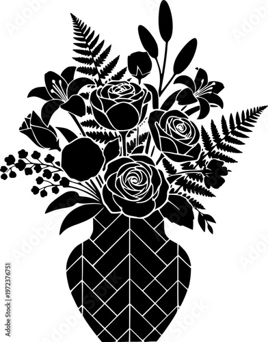 Botanical home decor and interior floral arrangement icon featuring a simple black silhouette of flowers in a patterned vase – Black and White Vector Illustration