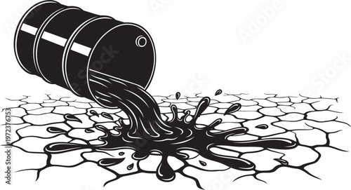 Black oil barrel spilling crude liquid on dry cracked earth ground vector illustration for environmental issues.