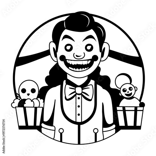 A glyph illustration of haunted child with spooky toys