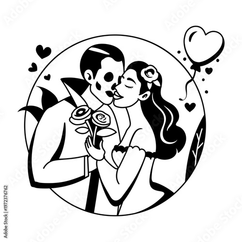 A glyph illustration of gothic couple with roses and heart balloon